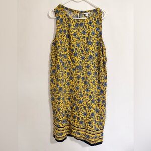 J JILL Linen Floral Yellow and Blue Sleeveless Dress